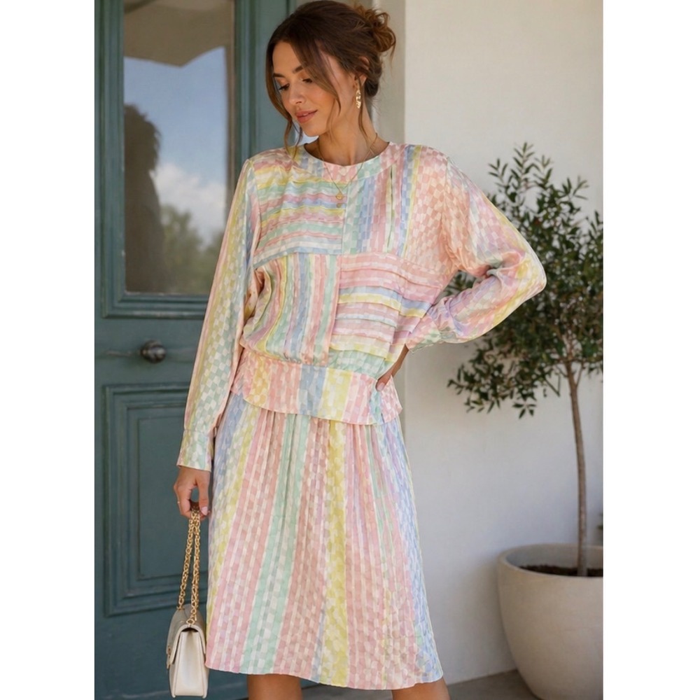 Vintage Argenti Pastel Pleated Skirt Set Womens Size 6 Rainbow 2pc‎